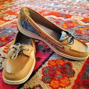 Sperry Tan Leather Top Sider Boat Shoes with Blue Sequin Accent